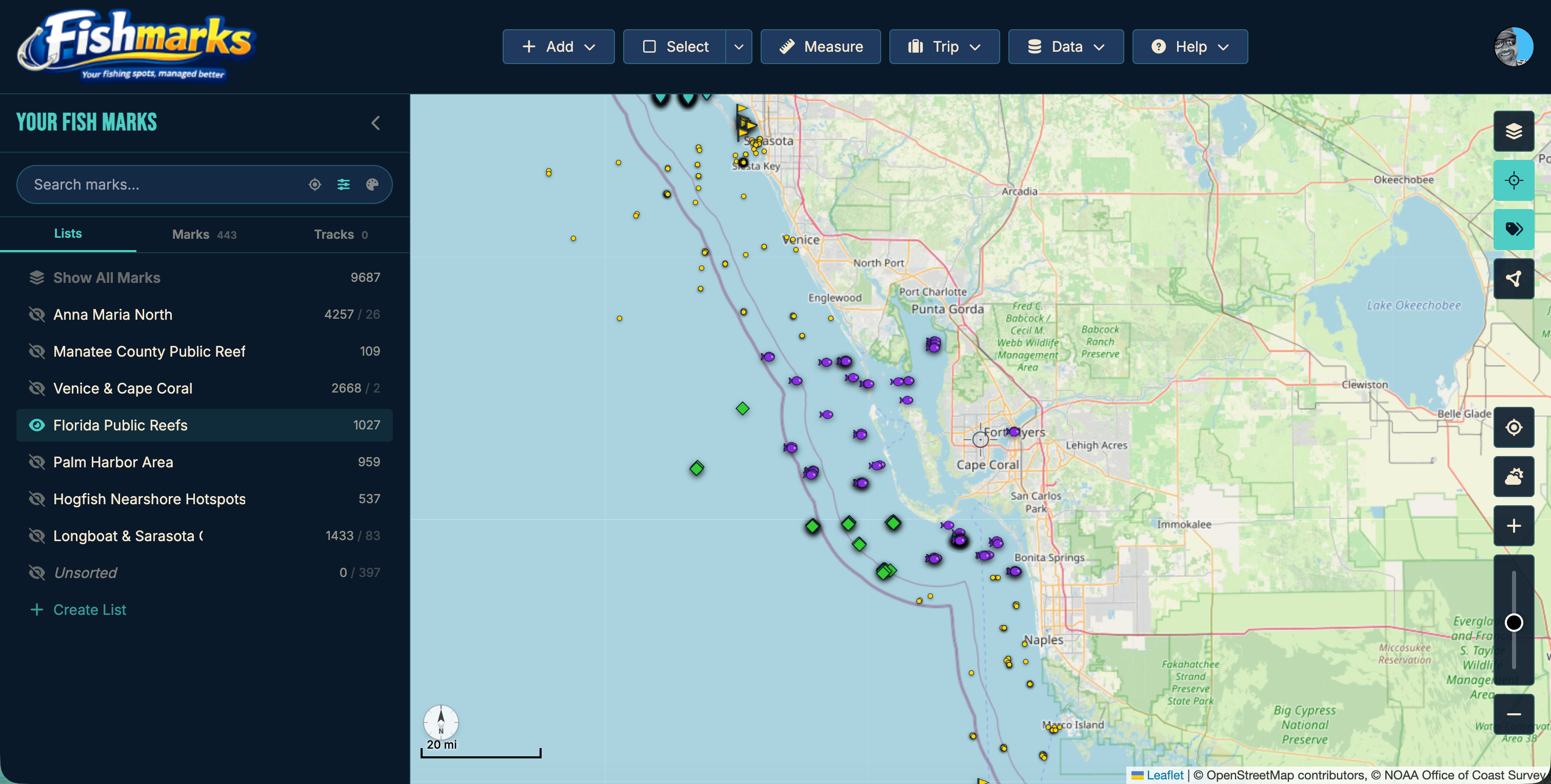 FISHMARKS map view with fishing marks